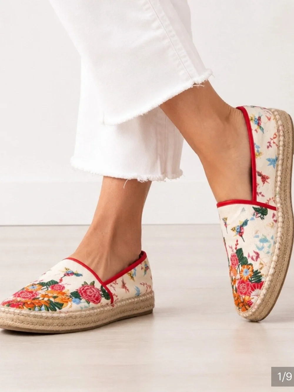 Johnny Was Andra Floral Embroidered Espadrilles in Cream and Red Trim